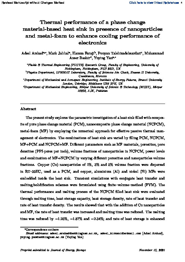 Thermal performance of a phase change material-based heat sink in presence of nanoparticles and metal-foam to enhance cooling performance of electronics Thumbnail