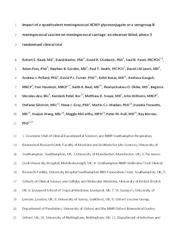 Effect of a quadrivalent meningococcal ACWY glycoconjugate or a serogroup B meningococcal vaccine on meningococcal carriage: an observer-blind, phase 3 randomised clinical trial Thumbnail