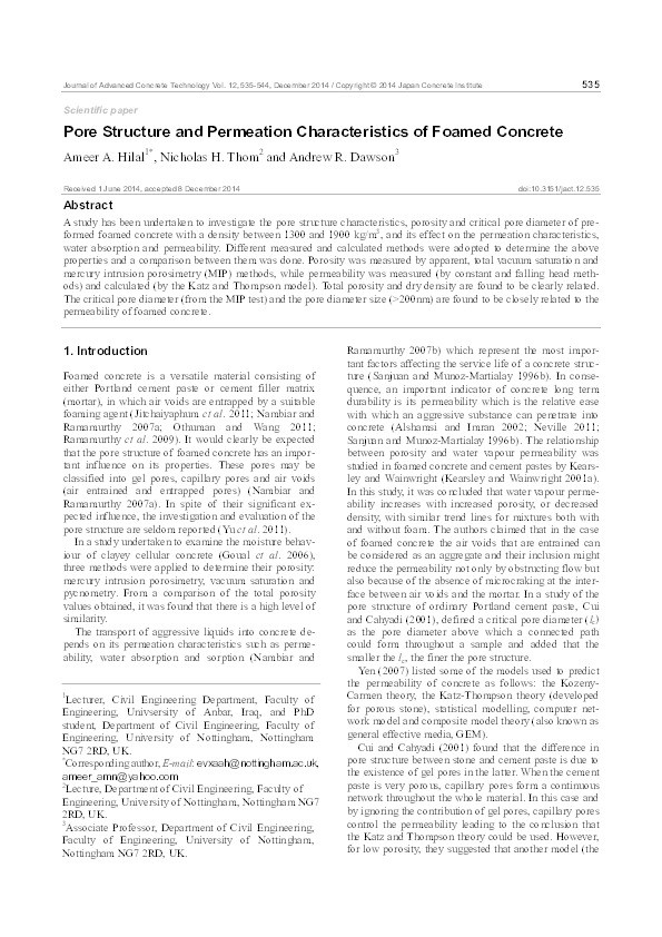 Pore structure and permeation characteristics of foamed concrete Thumbnail