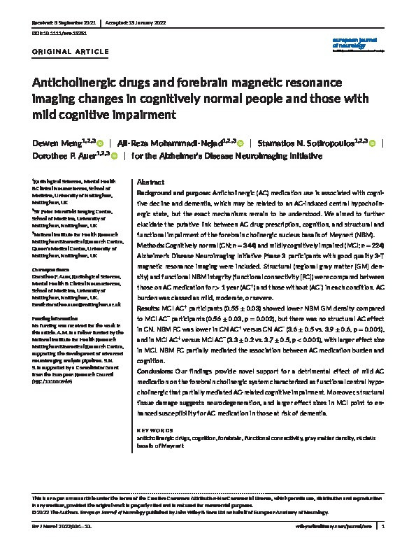 Anticholinergic drugs and forebrain magnetic resonance imaging changes in cognitively normal people and those with mild cognitive impairment Thumbnail