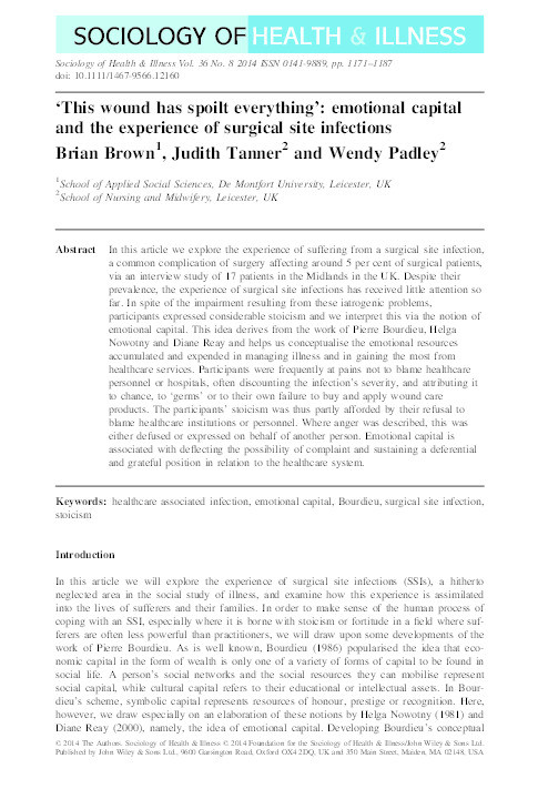 "This wound has spoilt everything”: emotional capital and the experience of surgical site infections Thumbnail