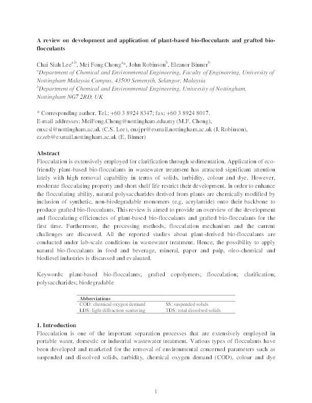 A review on development and application of plant-based bioflocculants and grafted bioflocculants Thumbnail