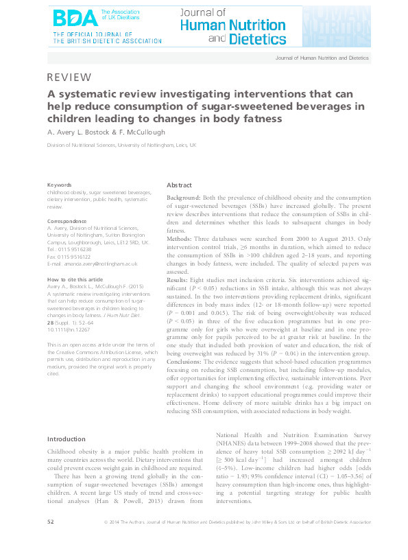 A systematic review investigating interventions that can help reduce consumption of sugar-sweetened beverages in children leading to changes in body fatness Thumbnail