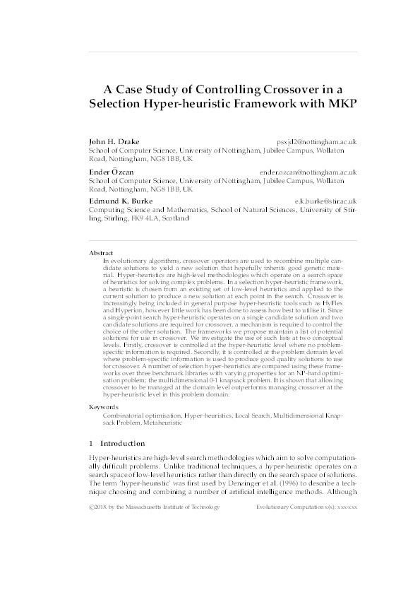 A Case Study of Controlling Crossover in a Selection Hyper-heuristic Framework Using the Multidimensional Knapsack Problem Thumbnail