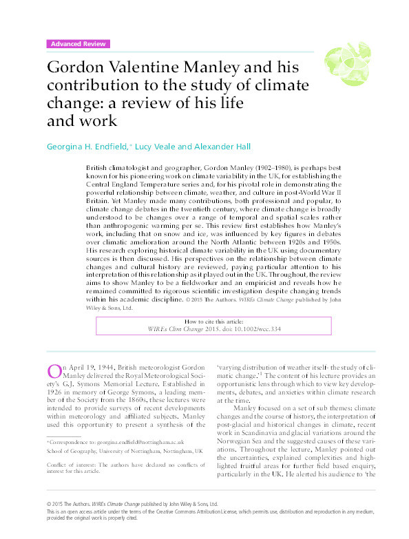 Gordon Valentine Manley and his contribution to the study of climate change: a review of his life and work Thumbnail