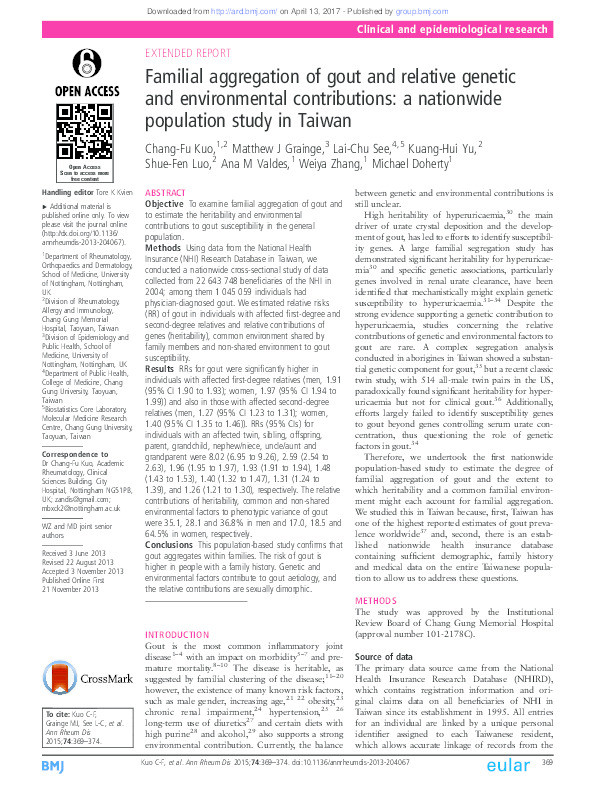 Familial aggregation of gout and relative genetic and environmental contributions: a nationwide population study in Taiwan Thumbnail