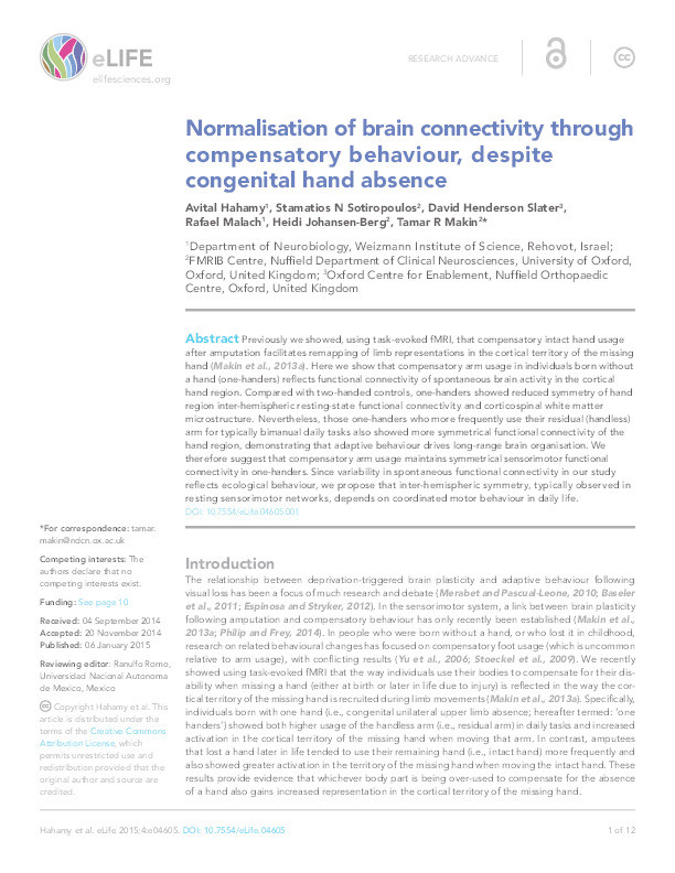 Normalisation of brain connectivity through compensatory behaviour, despite congenital hand absence Thumbnail