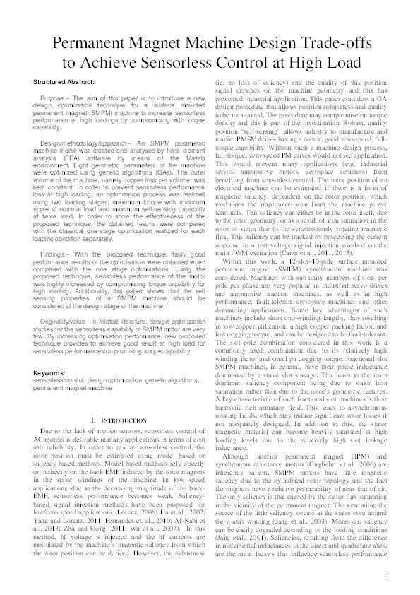 Permanent magnet machine design trade-offs to achieve sensorless control at high load Thumbnail