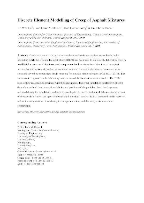 Discrete element modelling of creep of asphalt mixtures Thumbnail