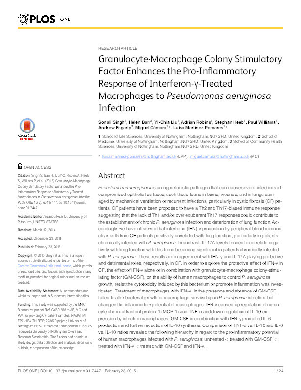 Granulocyte-macrophage colony stimulatory factor enhances the pro-inflammatory response of interferon-γ-treated macrophages to pseudomonas aeruginosa infection Thumbnail