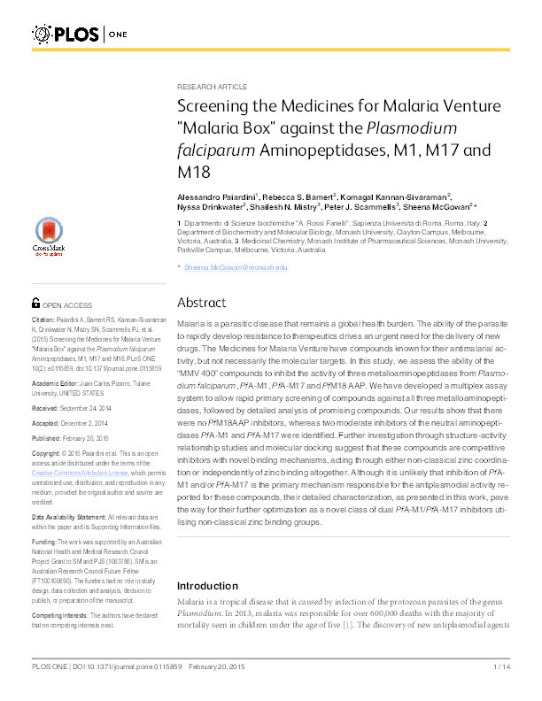 Screening the medicines for Malaria Venture "Malaria Box" against the Plasmodium falciparum aminopeptidases, M1, M17 and M18 Thumbnail