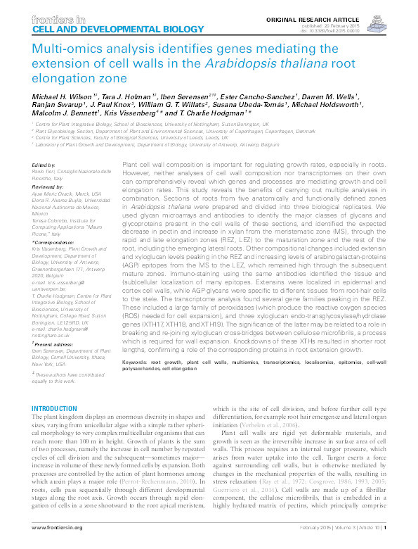 Multi-omics analysis identifies genes mediating the extension of cell walls in the Arabidopsis thaliana root elongation zone Thumbnail