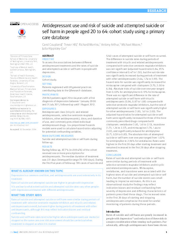 Antidepressant use and risk of suicide and attempted suicide or self harm in people aged 20 to 64: cohort study using a primary care database Thumbnail