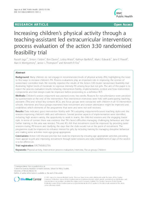 Increasing children’s physical activity through a teaching-assistant led extracurricular intervention: process evaluation of the action 3:30 randomised feasibility trial Thumbnail