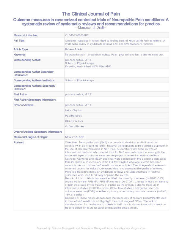 Outcome measures in randomized controlled trials of neuropathic pain conditions: a systematic review of systematic reviews and recommendations for practice Thumbnail