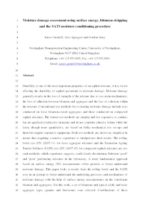 Moisture damage assessment using surface energy, bitumen stripping and the SATS moisture conditioning procedure Thumbnail