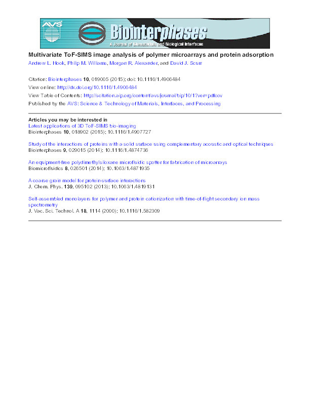 Multivariate ToF-SIMS image analysis of polymer microarrays and protein adsorption Thumbnail