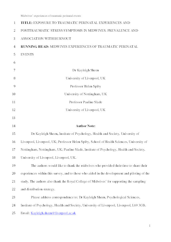Exposure to traumatic perinatal experiences and posttraumatic stress symptoms in midwives: prevalence and association with burnout Thumbnail
