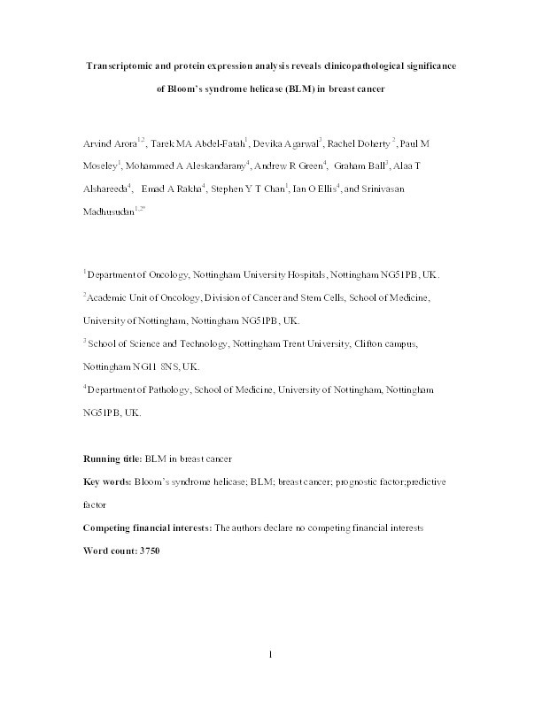 Transcriptomic and protein expression analysis reveals clinicopathological significance of bloom syndrome helicase (BLM) in breast cancer Thumbnail