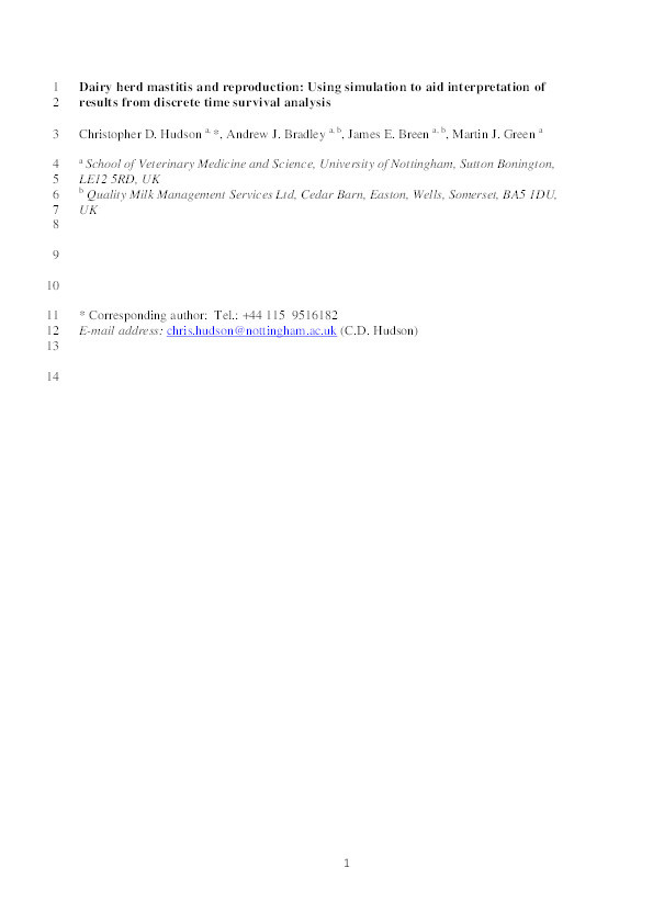 Dairy herd mastitis and reproduction: using simulation to aid interpretation of results from discrete time survival analysis Thumbnail