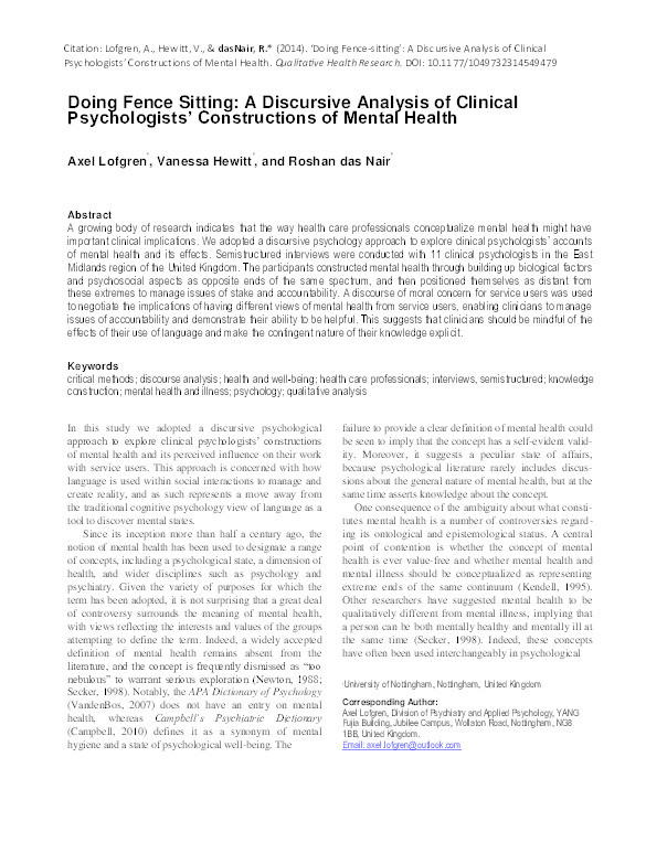 Doing fence sitting: a discursive analysis of clinical psychologists' constructions of mental health Thumbnail