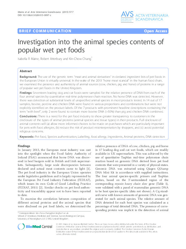 Investigation into the animal species contents of popular wet pet foods Thumbnail