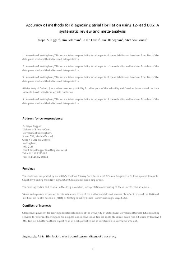 Accuracy of methods for diagnosing atrial fibrillation using 12-lead ECG: a systematic review and meta-analysis Thumbnail