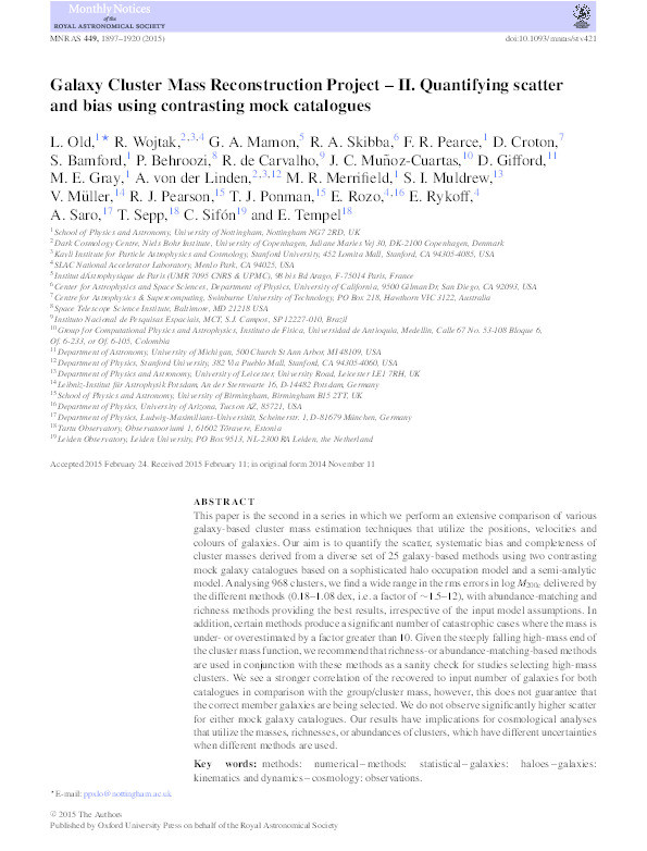 Galaxy Cluster Mass Reconstruction Project – II. Quantifying scatter and bias using contrasting mock catalogues Thumbnail