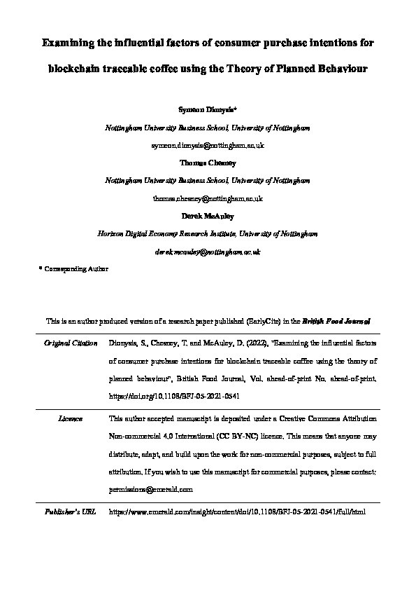 Examining the influential factors of consumer purchase intentions for blockchain traceable coffee using the theory of planned behaviour Thumbnail