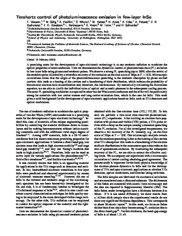 Terahertz control of photoluminescence emission in few-layer InSe Thumbnail