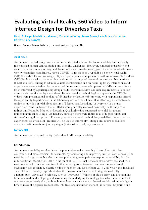 Evaluating Virtual Reality 360 Video to Inform Interface Design for Driverless Taxis Thumbnail