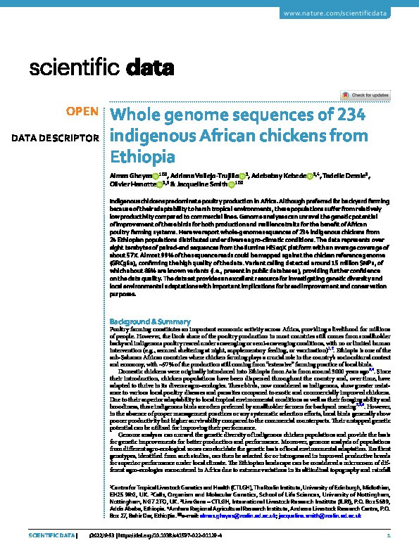 Whole genome sequences of 234 indigenous African chickens from Ethiopia Thumbnail