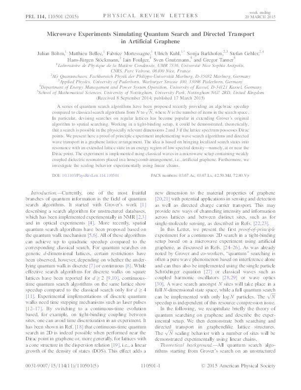 Microwave experiments simulating quantum search and directed transport in artificial graphene Thumbnail