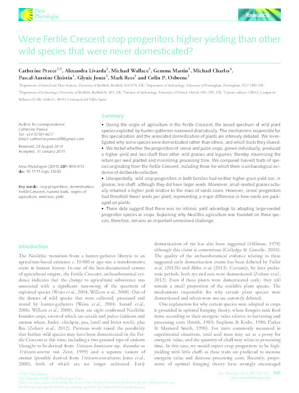 Were Fertile Crescent crop progenitors higher yielding than other wild species that were never domesticated? Thumbnail