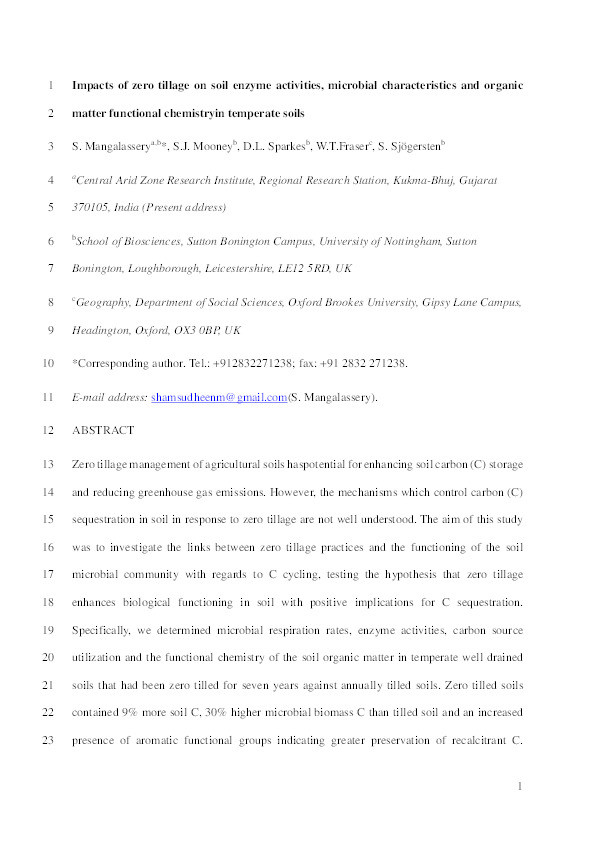 Impacts of zero tillage on soil enzyme activities, microbial characteristics and organic matter functional chemistry in temperate soils Thumbnail