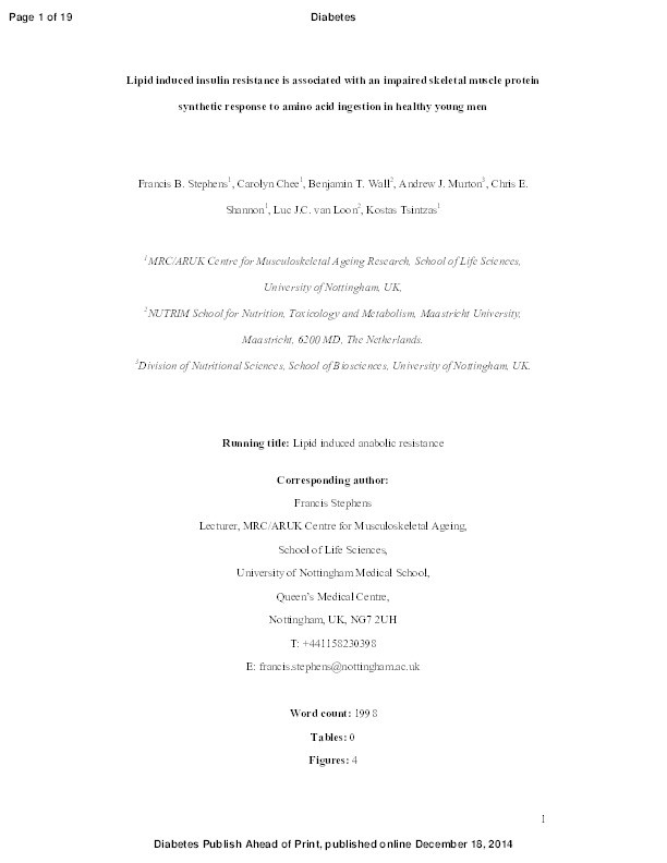 Lipid-induced insulin resistance is associated with an impaired skeletal muscle protein synthetic response to amino acid ingestion in healthy young men Thumbnail