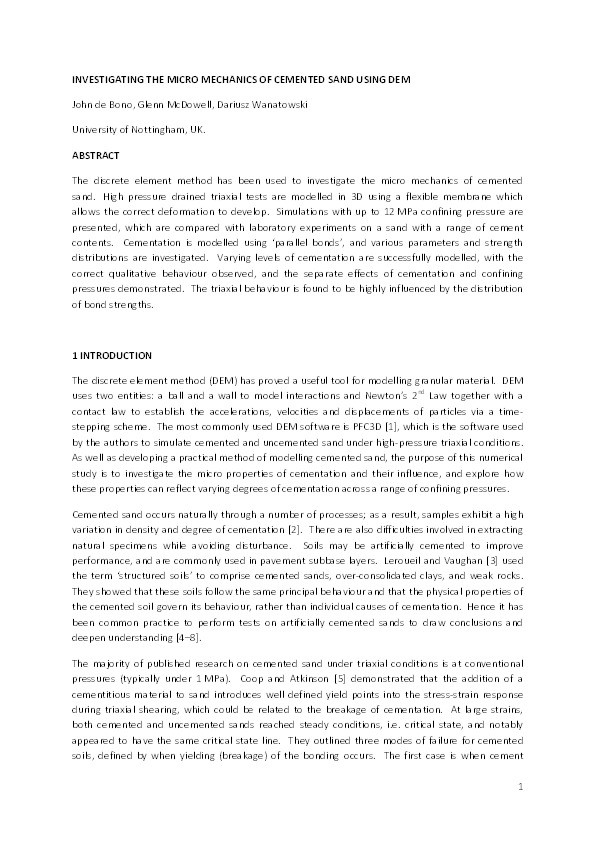 Investigating the micro mechanics of cemented sand using DEM Thumbnail