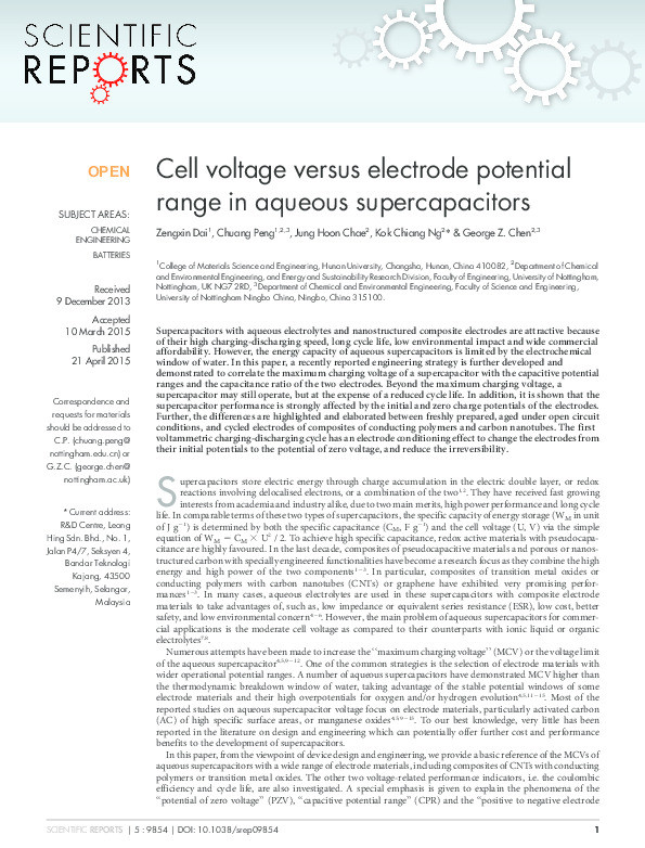 Cell voltage versus electrode potential range in aqueous supercapacitors Thumbnail