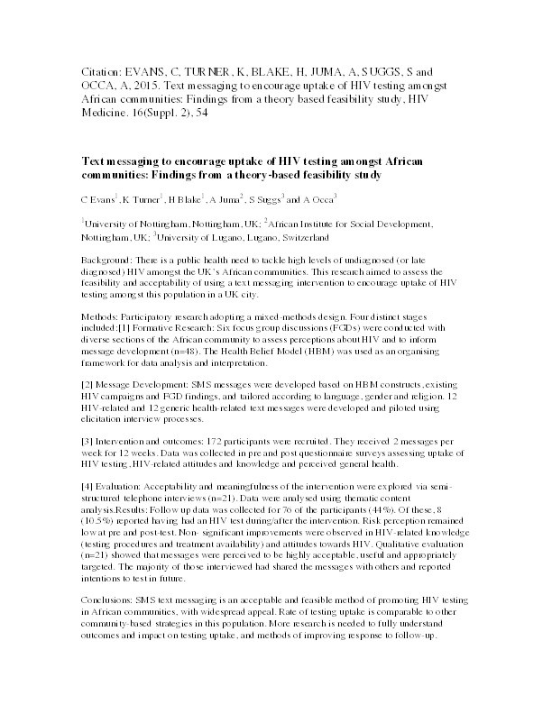 Text messaging to encourage uptake of HIV testing amongst African communities: findings from a theory based feasibility study Thumbnail