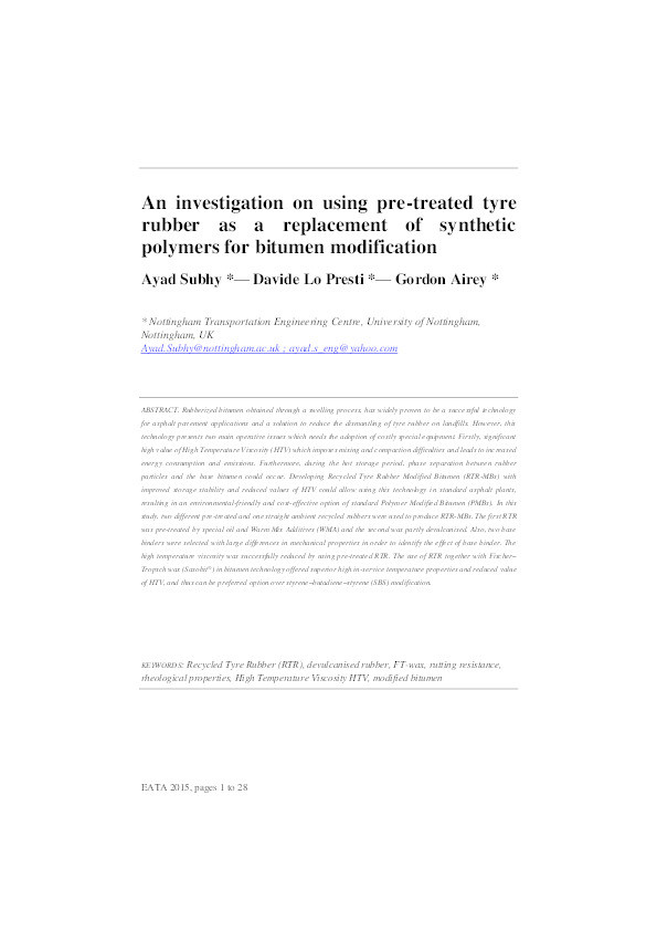 An investigation on using pre-treated tyre rubber as a replacement of synthetic polymers for bitumen modification Thumbnail