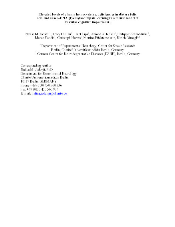 Elevated levels of plasma homocysteine, deficiencies in dietary folic acid and uracil–DNA glycosylase impair learning in a mouse model of vascular cognitive impairment Thumbnail