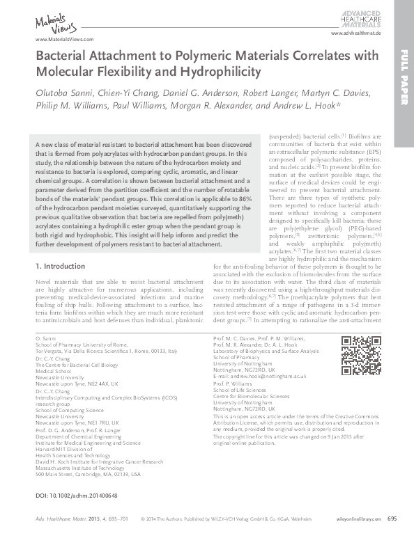 Bacterial Attachment to Polymeric Materials Correlates with Molecular Flexibility and Hydrophilicity Thumbnail