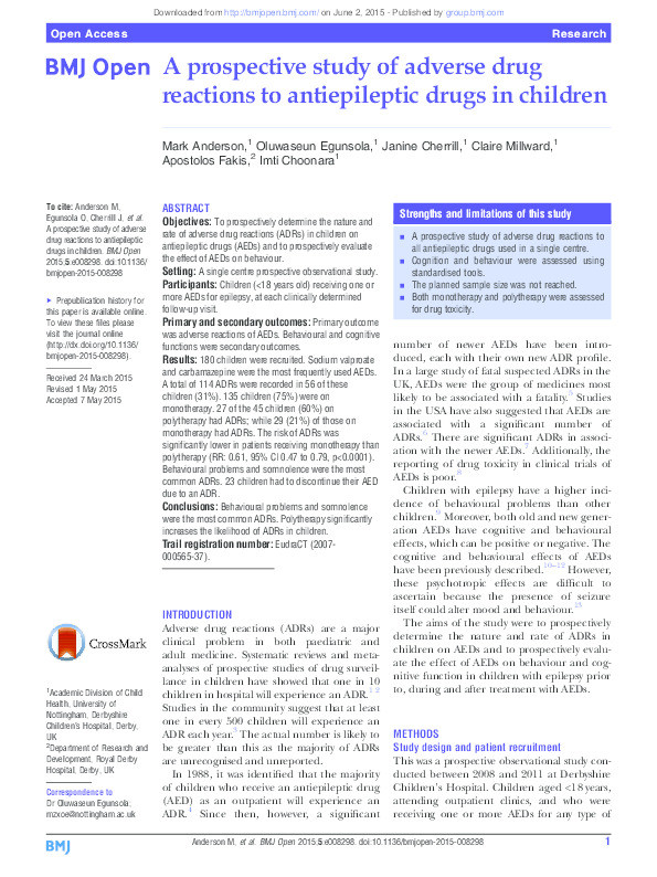 A prospective study of adverse drug reactions to antiepileptic drugs in children Thumbnail