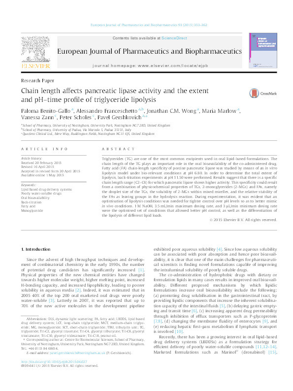 Chain length affects pancreatic lipase activity and the extent and pH–time profile of triglyceride lipolysis Thumbnail