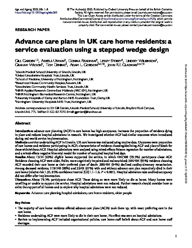 Advance Care Plans in UK care home residents: a service evaluation using a stepped wedge design Thumbnail