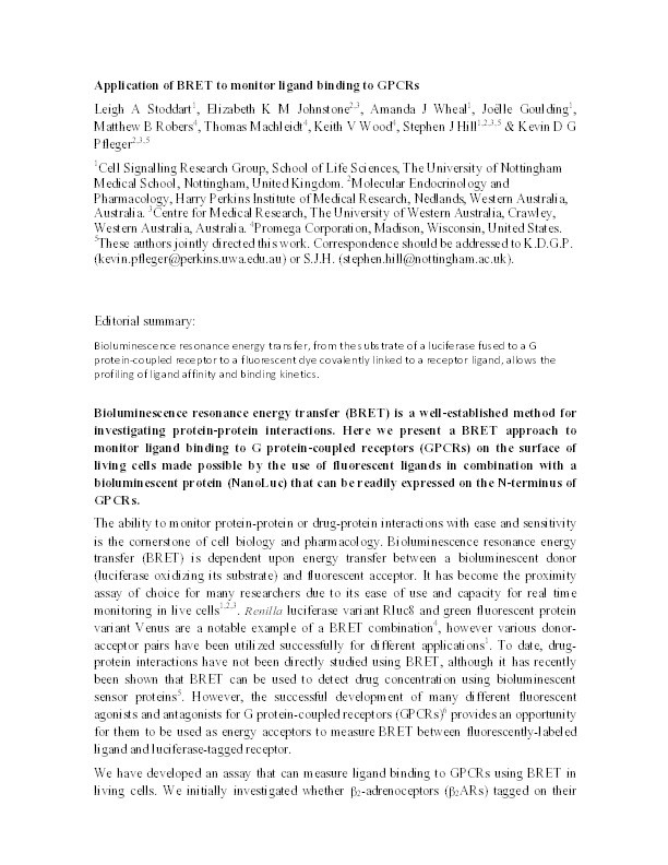 Application of BRET to monitor ligand binding to GPCRs Thumbnail