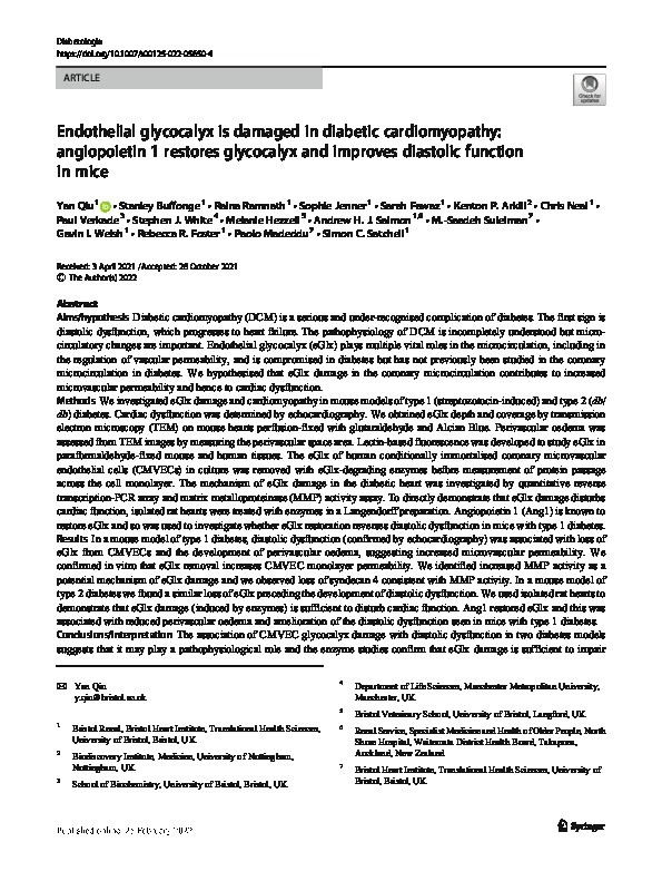 Endothelial glycocalyx is damaged in diabetic cardiomyopathy: angiopoietin 1 restores glycocalyx and improves diastolic function in mice Thumbnail