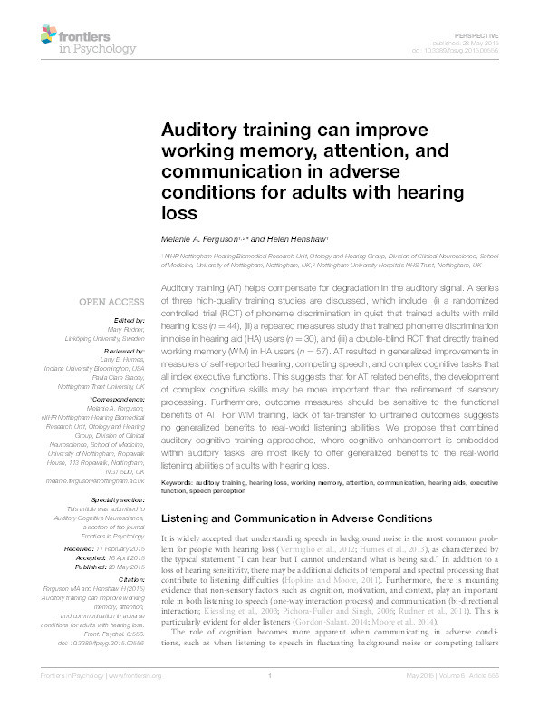 Auditory training can improve working memory, attention, and communication in adverse conditions for adults with hearing loss Thumbnail