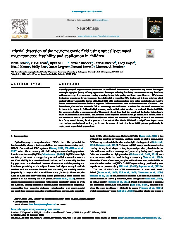 Triaxial detection of the neuromagnetic field using optically-pumped magnetometry: feasibility and application in children Thumbnail
