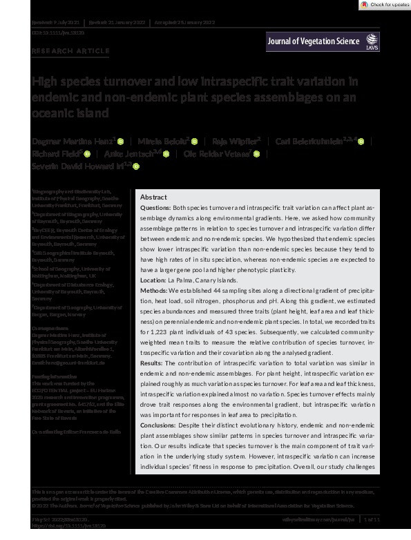 High species turnover and low intraspecific trait variation in endemic and non-endemic plant species assemblages on an oceanic island Thumbnail